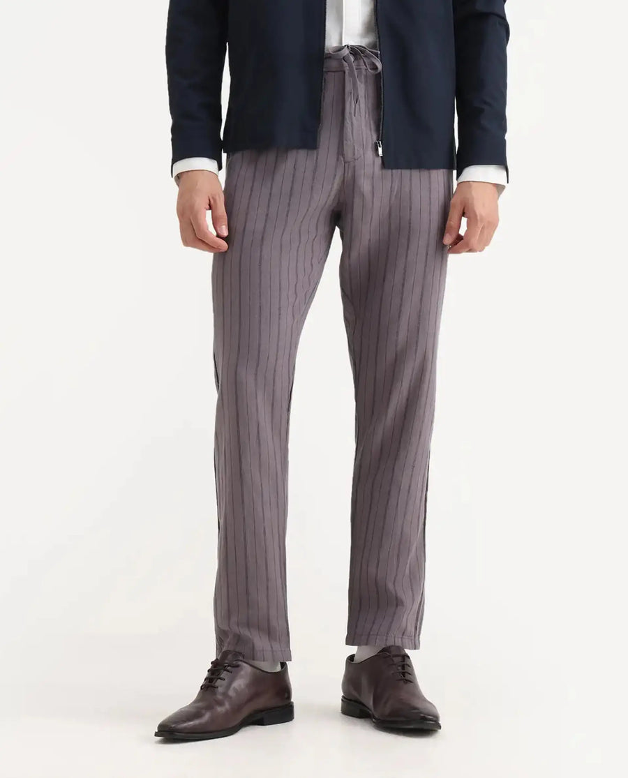 Rare Rabbit Men's Milos Dusky Purple Cotton Striped Print Regular Fit Trouser