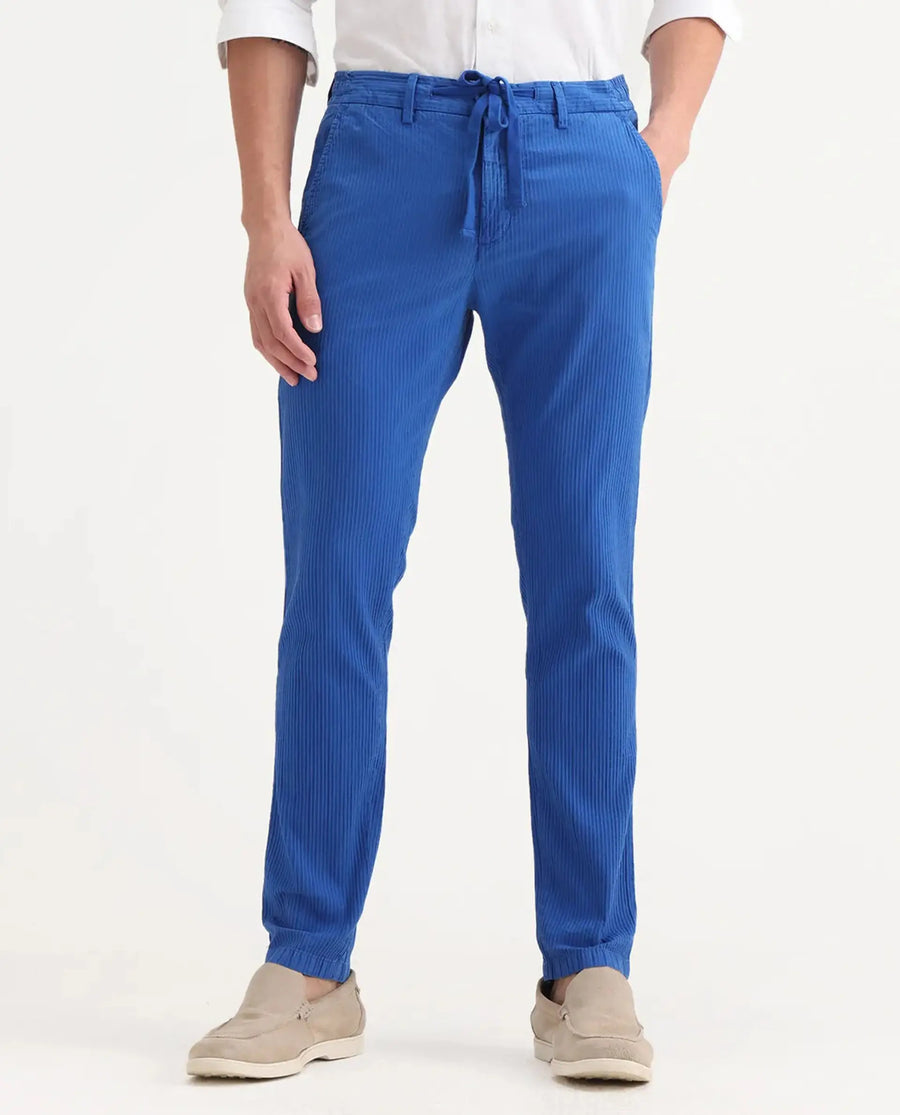 Rare Rabbit Men's Monter Fluorescent Blue Cotton Striped Print Regular Fit Trouser
