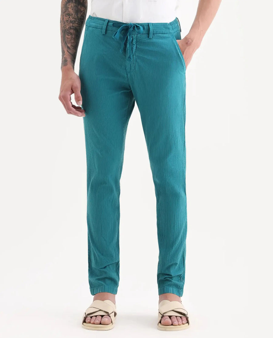 Rare Rabbit Men's Monter Green Cotton Striped Print Regular Fit Trouser
