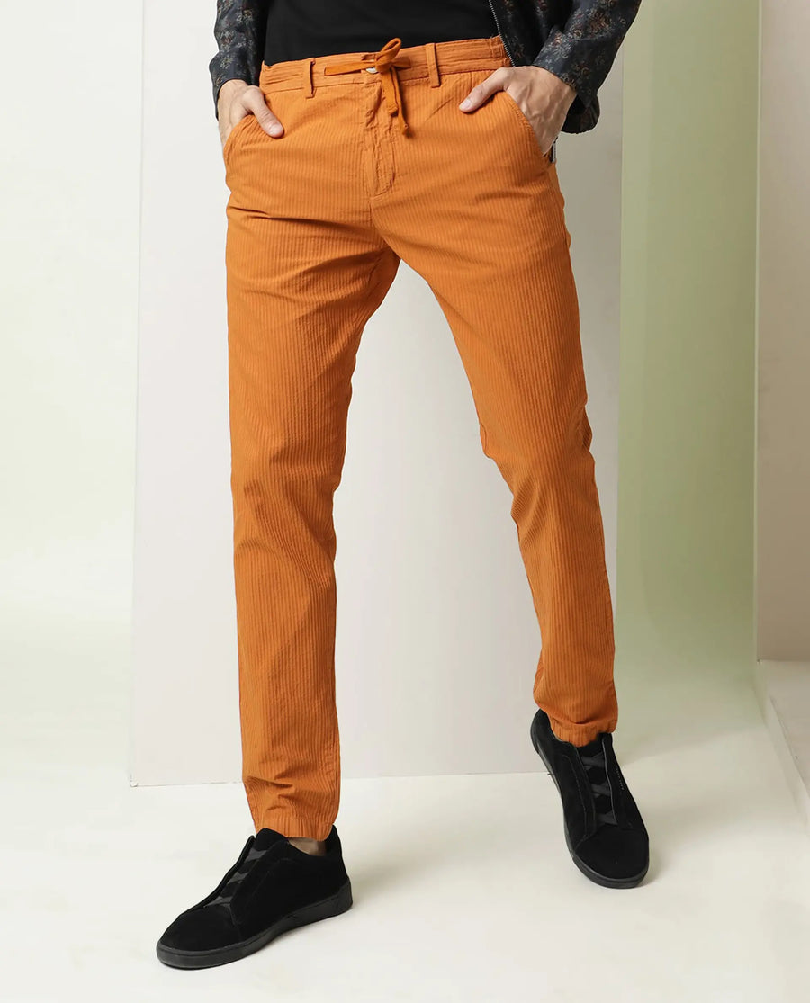 Rare Rabbit Men's Monter Orange Cotton Striped Print Regular Fit Trouser