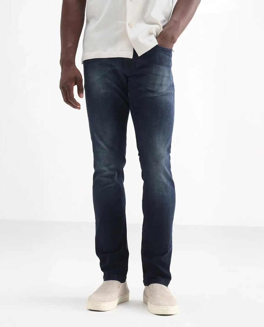 Rare Rabbit Men's Morvan Dark Blue Cotton Plain Hawk Slim Fit Jeans