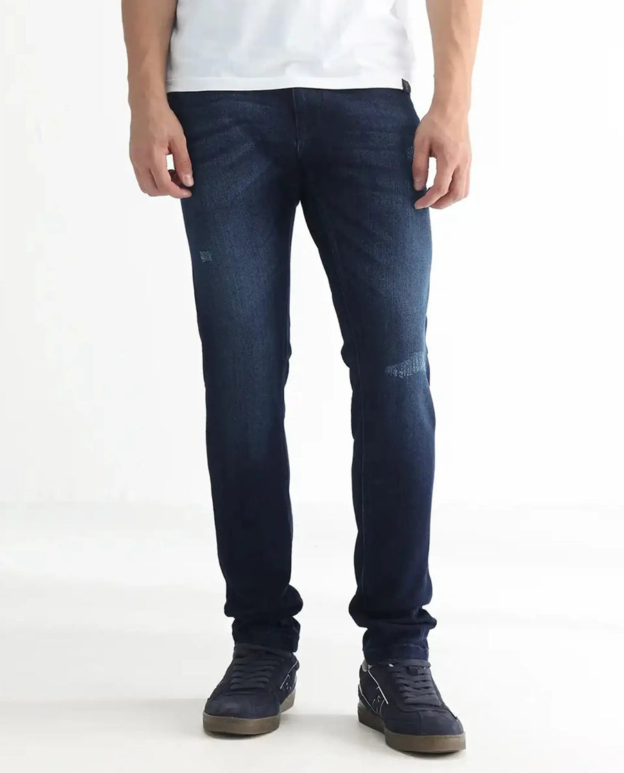 Rare Rabbit Men's Movado Blue Cotton Plain Hawk Slim Fit Jeans