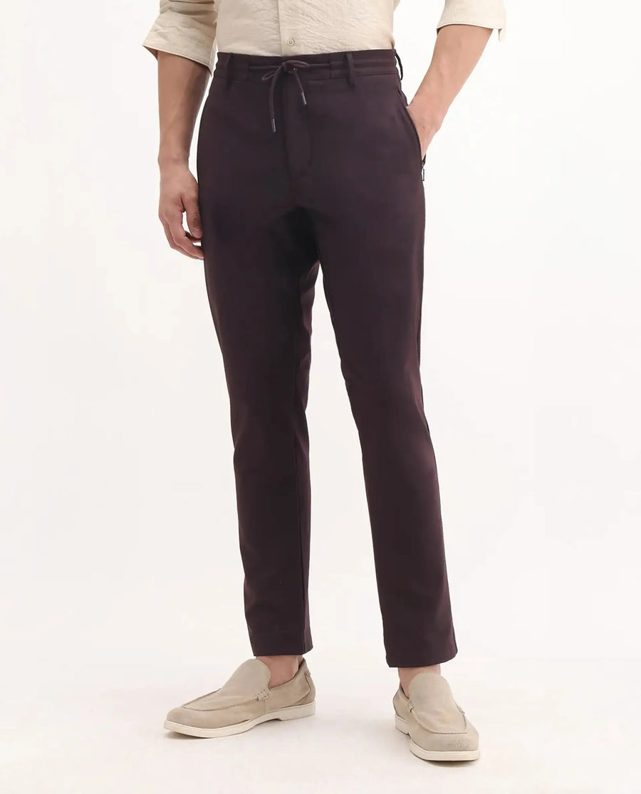 Rare Rabbit Men's Move-25 Maroon Polyester Blend Plain Regular Fit Trouser