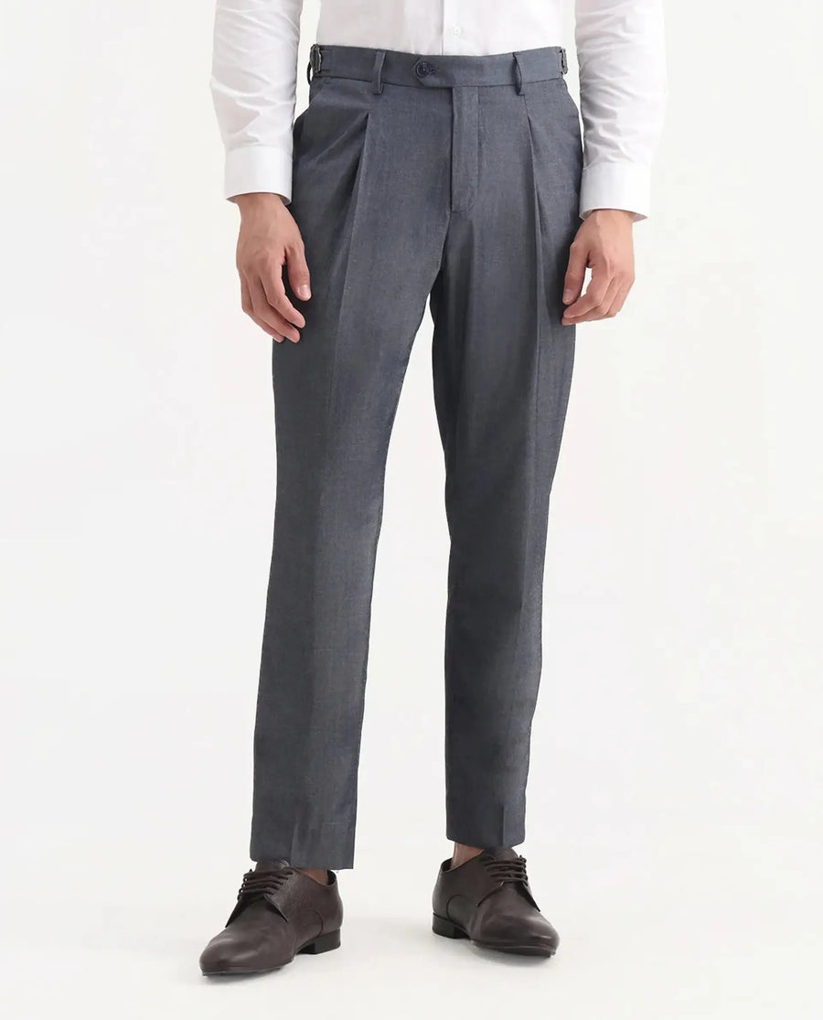 Rare Rabbit Men's Naji Blue Polyester Blend Plain Relaxed Fit Gurkha Trouser