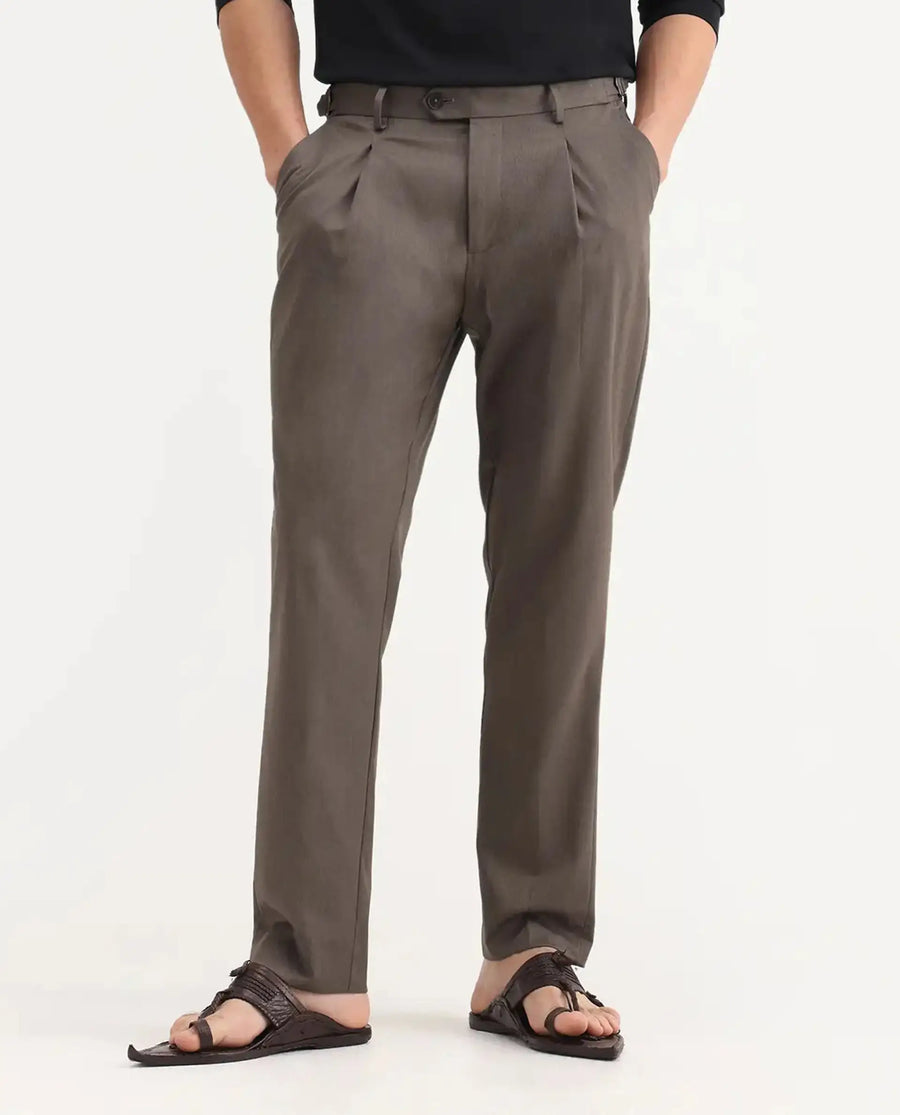 Rare Rabbit Men's Naji Dark Brown Polyester Blend Plain Relaxed Fit Gurkha Trouser