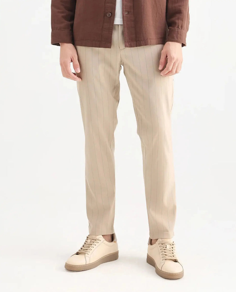 Rare Rabbit Men's Nelo Beige Cotton Striped Print Regular Fit Trouser