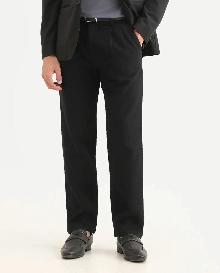 Rare Rabbit Men's Neux Black Cotton Fabric Regular Fit Textured Trouser