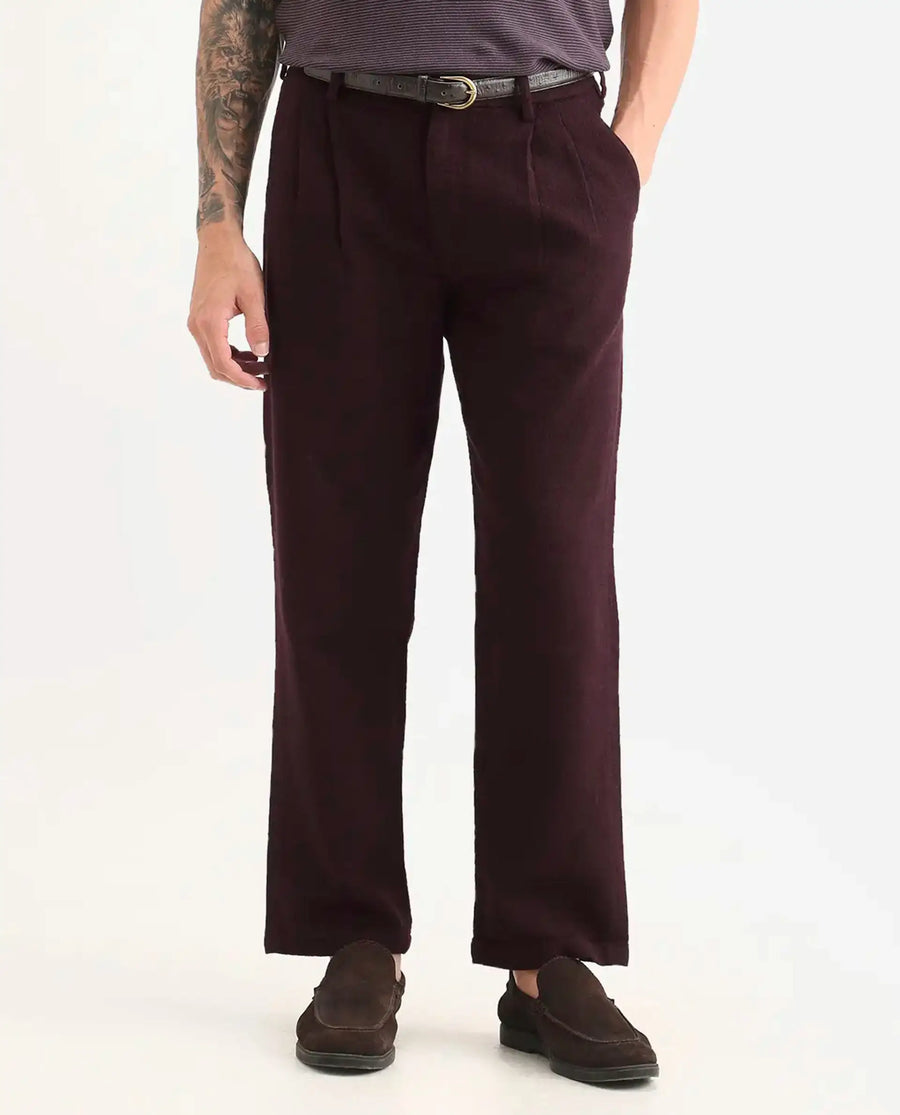 Rare Rabbit Men's Neux Dark Maroon Cotton Fabric Regular Fit Textured Trouser