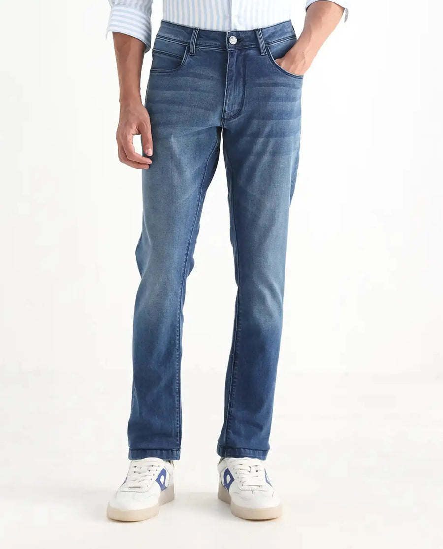 Rare Rabbit Men's Night Light Blue Cotton Plain Hawk Slim Fit Jeans