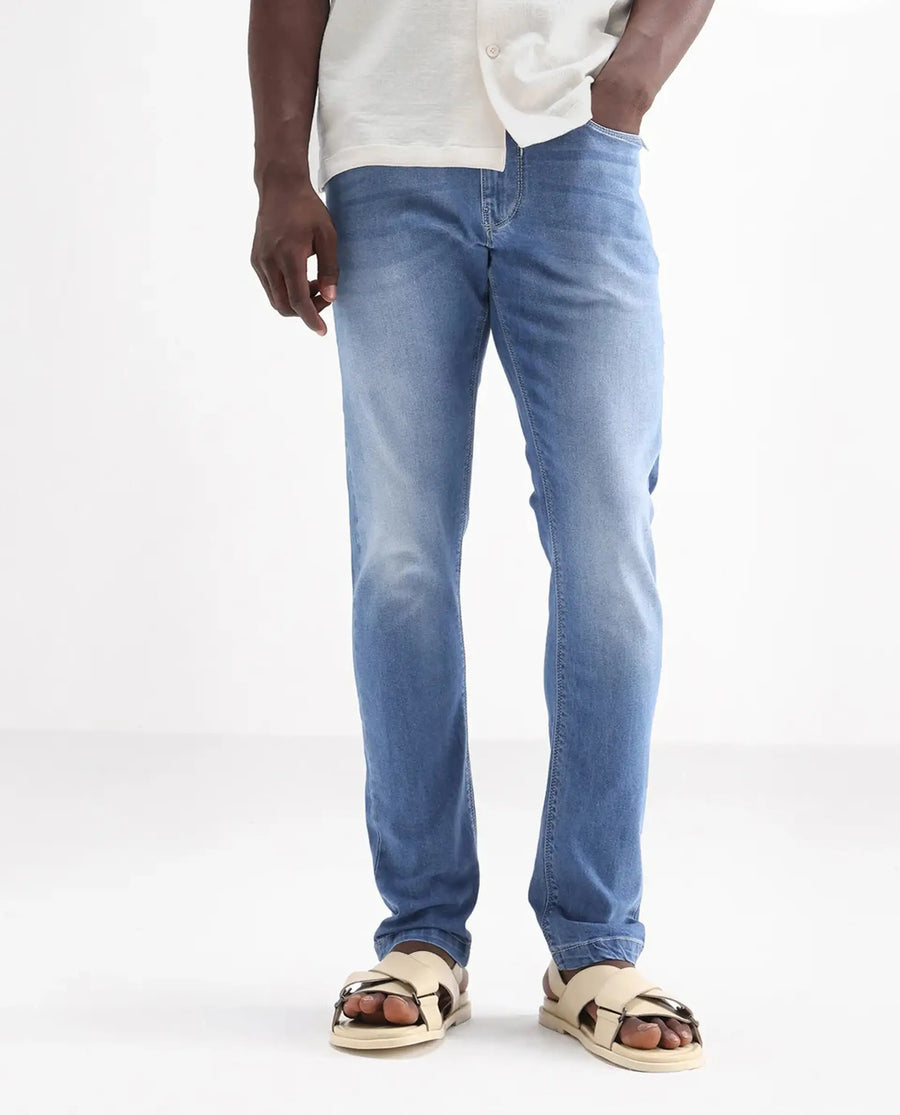 Rare Rabbit Men's Night Pastel Blue Cotton Plain Hawk Slim Fit Jeans