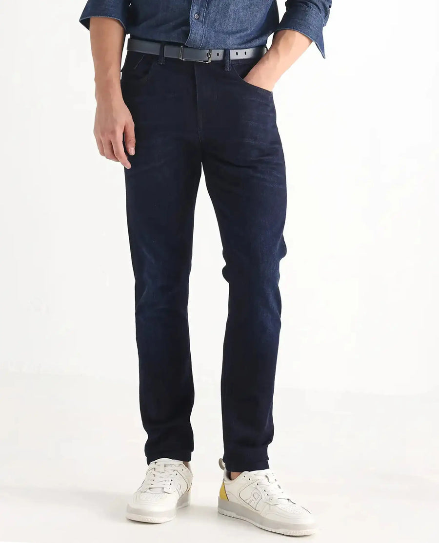 Rare Rabbit Men's Nikos Dark Navy Cotton Blend Plain Morris Regular Fit Jeans