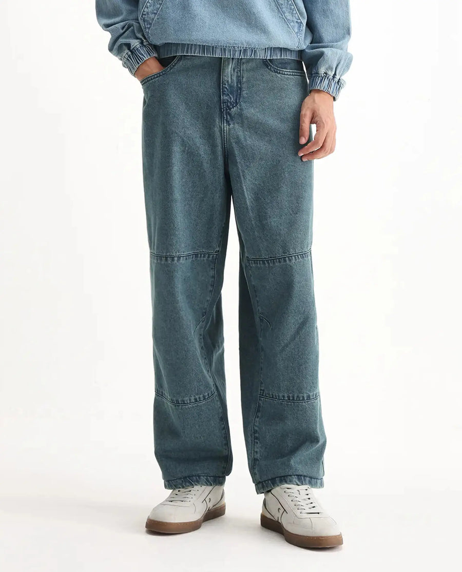 Rare Rabbit Men's Niok Green Cotton Plain Baggy Fit Jeans