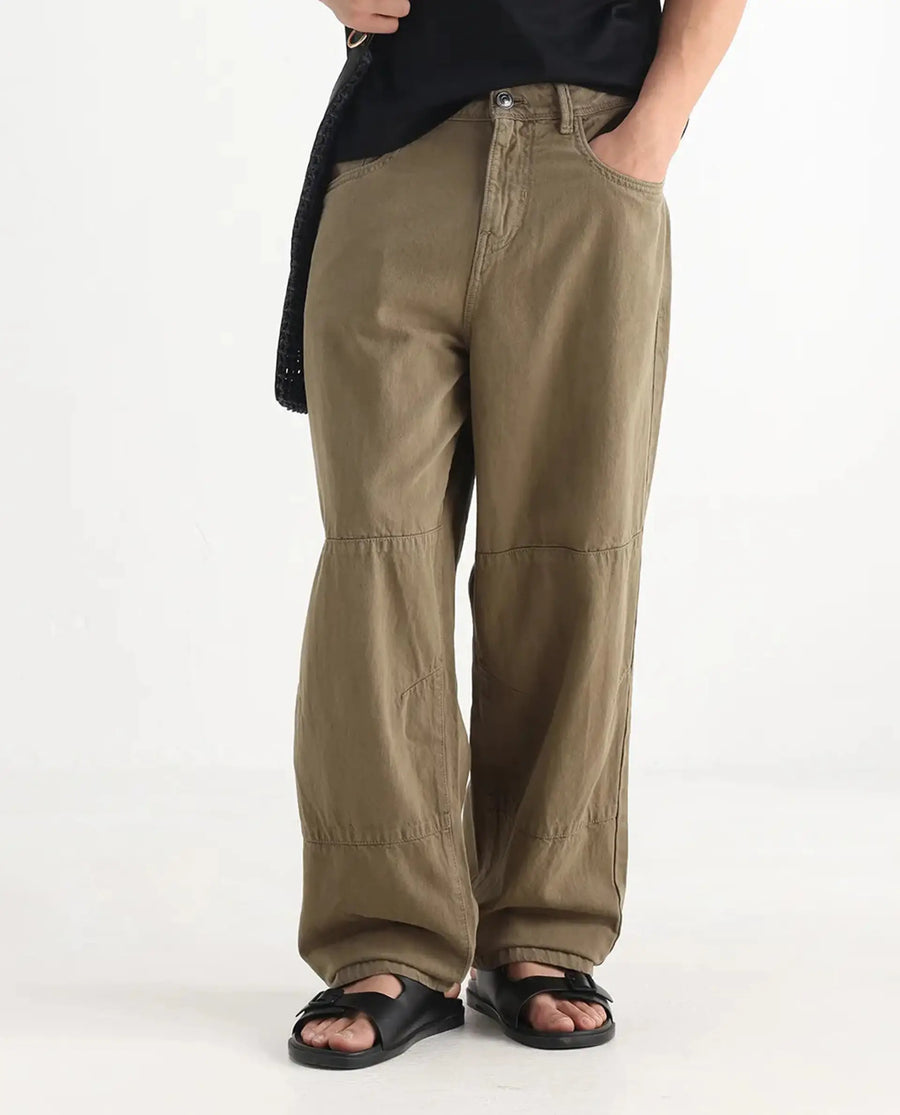 Rare Rabbit Men's Niot Khaki Cotton Plain Baggy Fit Jeans