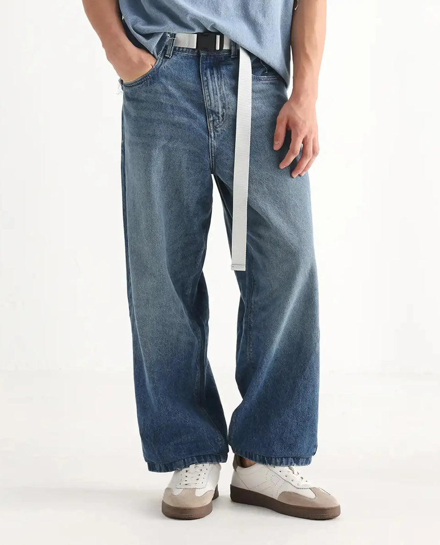 Rare Rabbit Men's Niret Blue Cotton Plain Baggy Fit Jeans