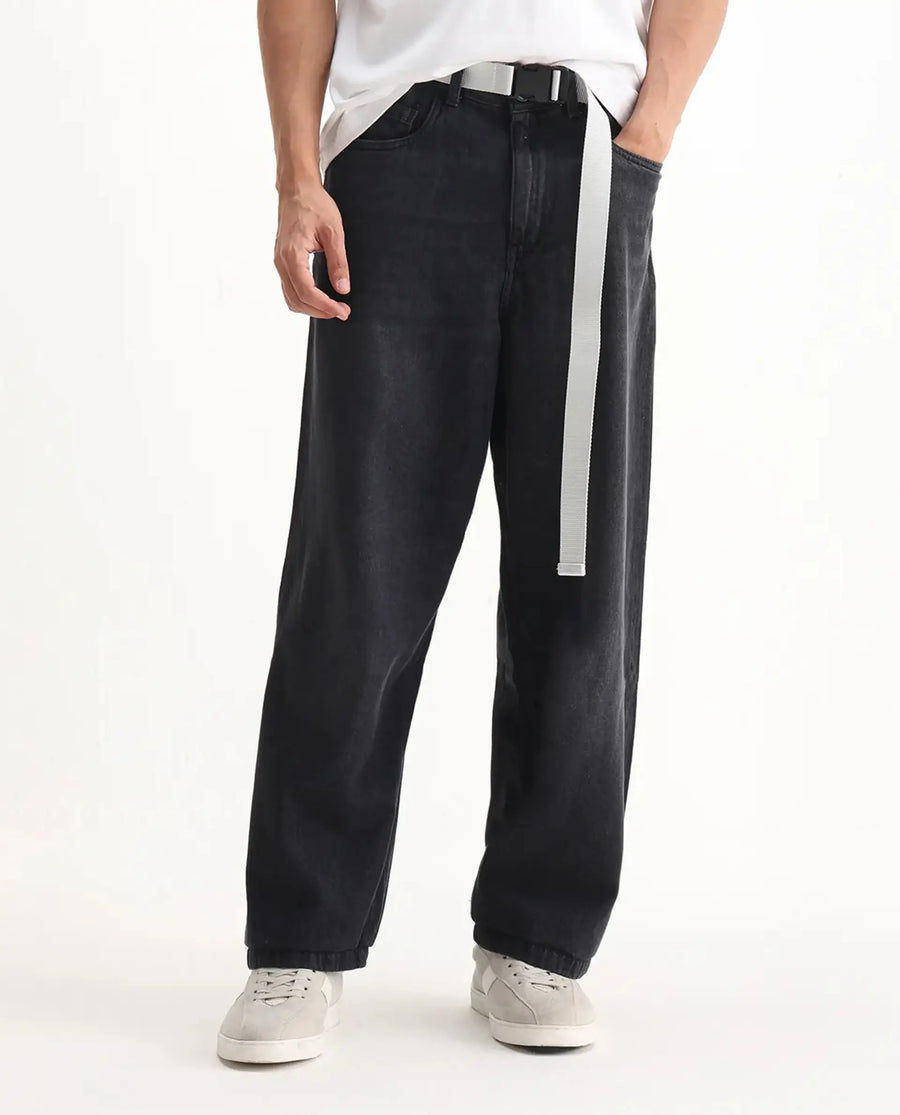 Rare Rabbit Men's Niret Dark Grey Cotton Plain Baggy Fit Jeans