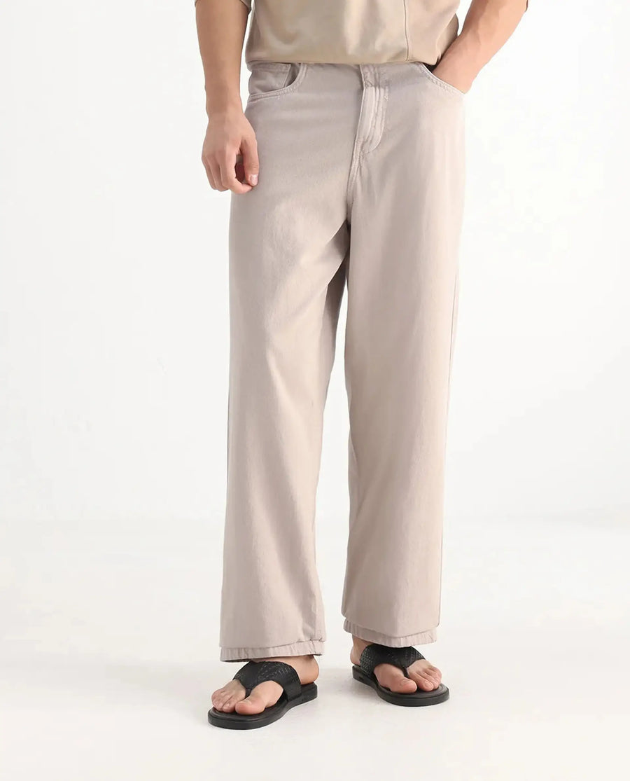 Rare Rabbit Men's Niretor-2 Beige Cotton Plain Baggy Fit Jeans