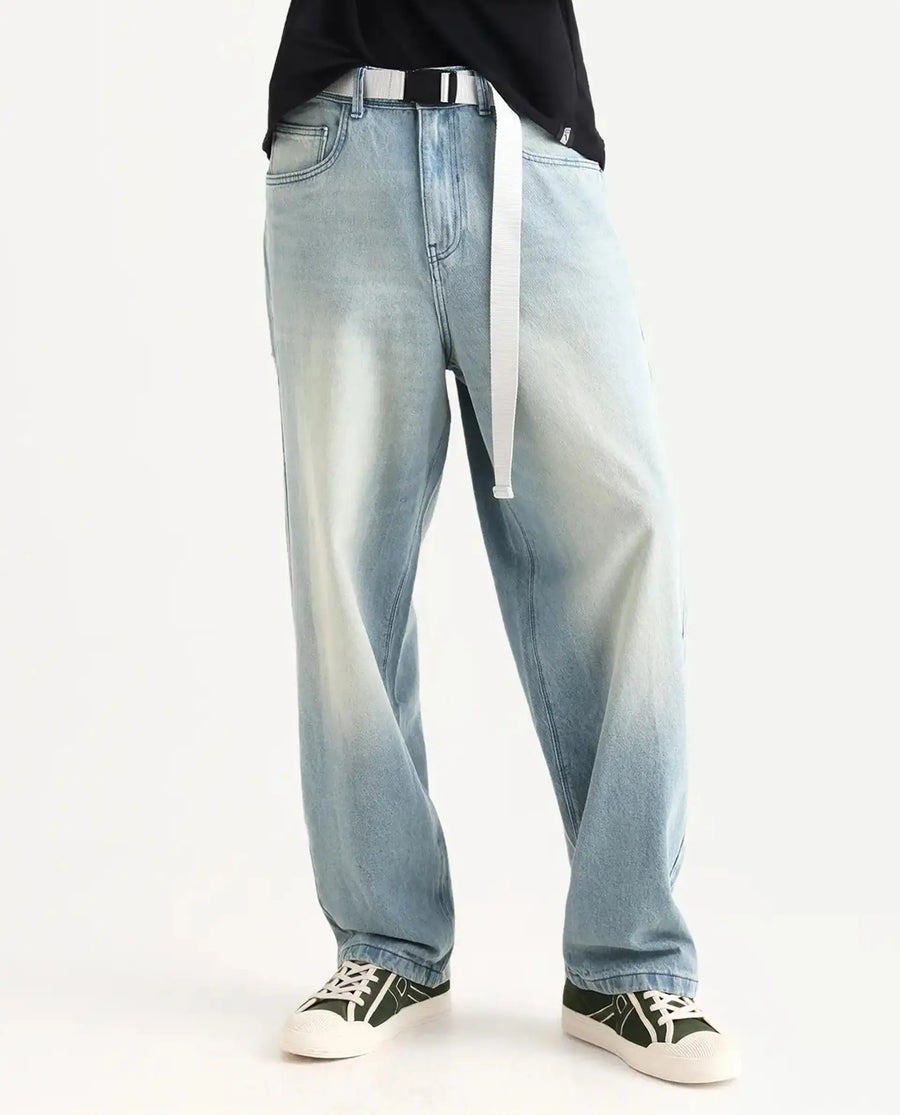 Rare Rabbit Men's Niretor-2 Light Blue Cotton Plain Baggy Fit Jeans