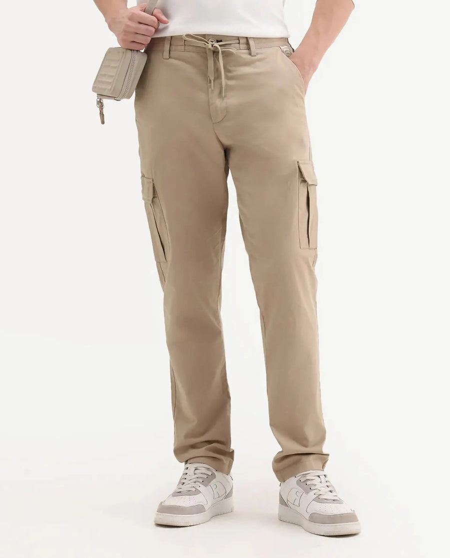 Rare Rabbit Men's Nobon Beige Cotton Plain Regular Fit Trouser