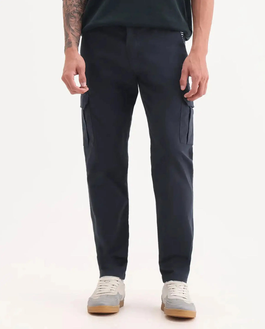 Rare Rabbit Men's Nobon Navy Cotton Plain Regular Fit Trouser