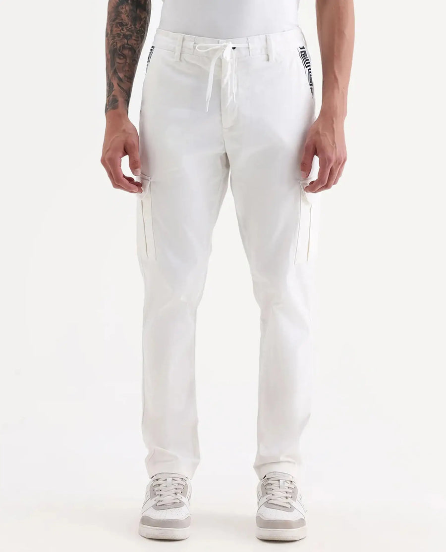 Rare Rabbit Men's Nobon White Cotton Plain Regular Fit Trouser