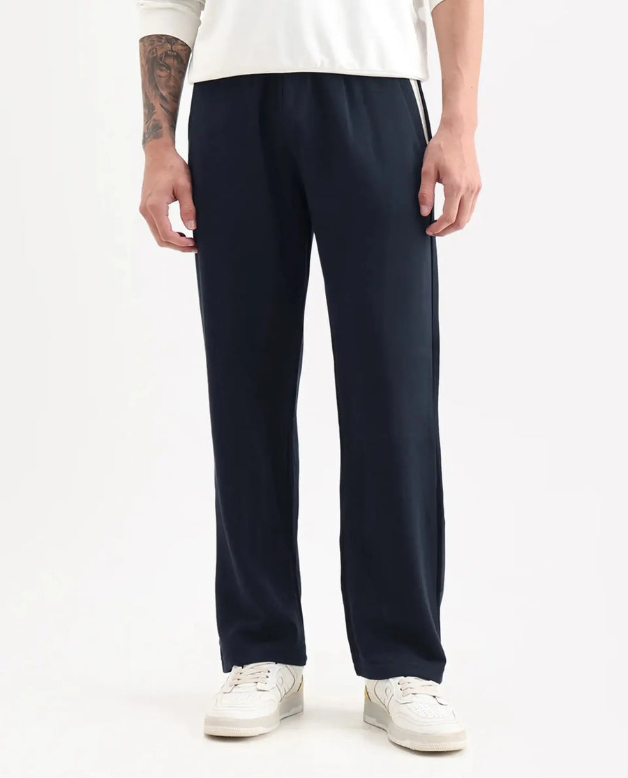Rare Rabbit Men's Oblic Navy Cotton Blend Plain Relaxed Fit Track Pant