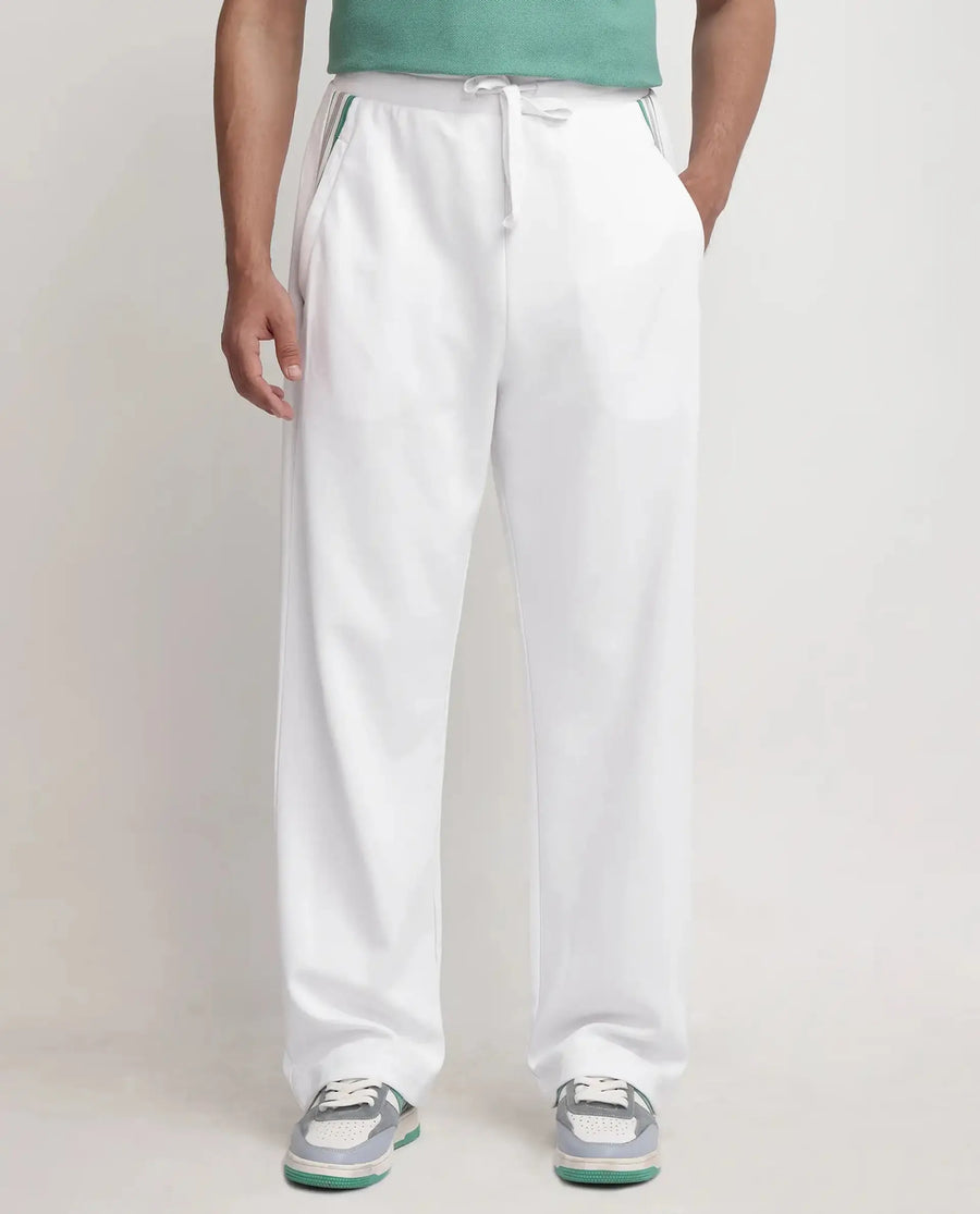 Rare Rabbit Men's Oblic White Cotton Blend Plain Relaxed Fit Track Pant
