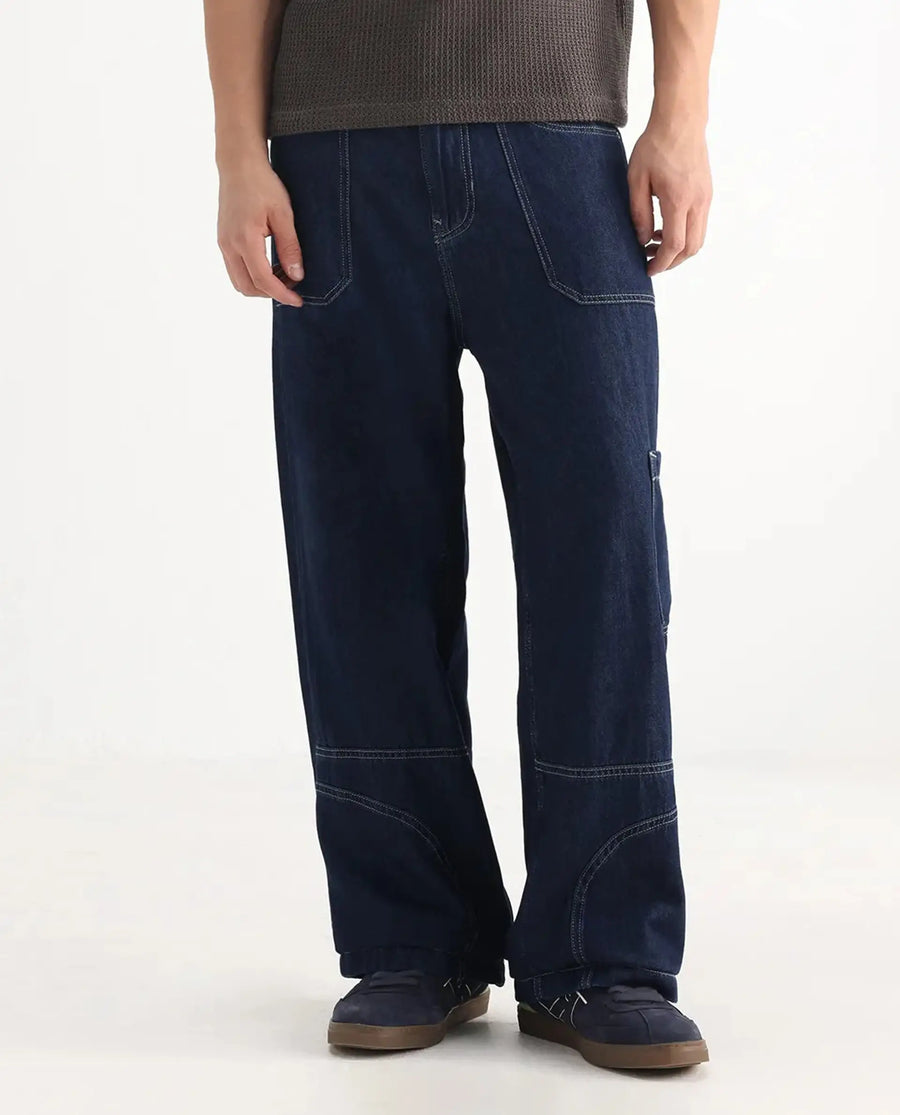 Rare Rabbit Men's Onyx Dark Blue Cotton Blend Plain Baggy Fit Jeans