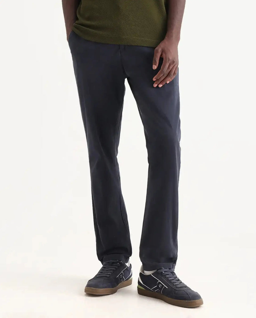 Rare Rabbit Men's Orany Navy Cotton Plain Regular Fit Trouser