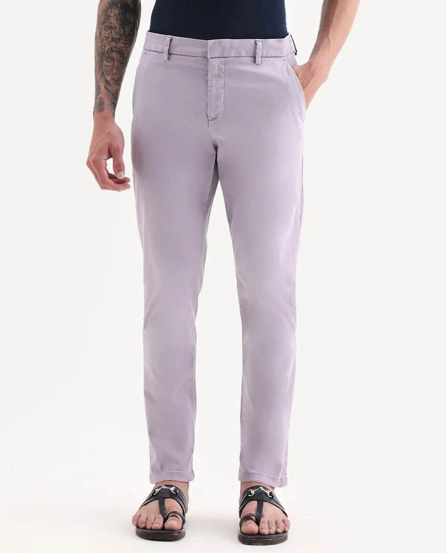 Rare Rabbit Men's Orany Pastel Purple Cotton Plain Regular Fit Trouser