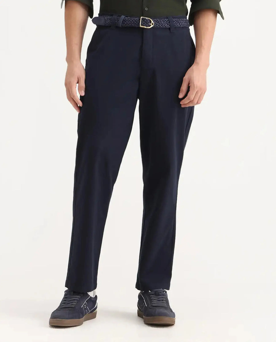 Rare Rabbit Men's Oren Navy Cotton Plain Straight Fit Trouser