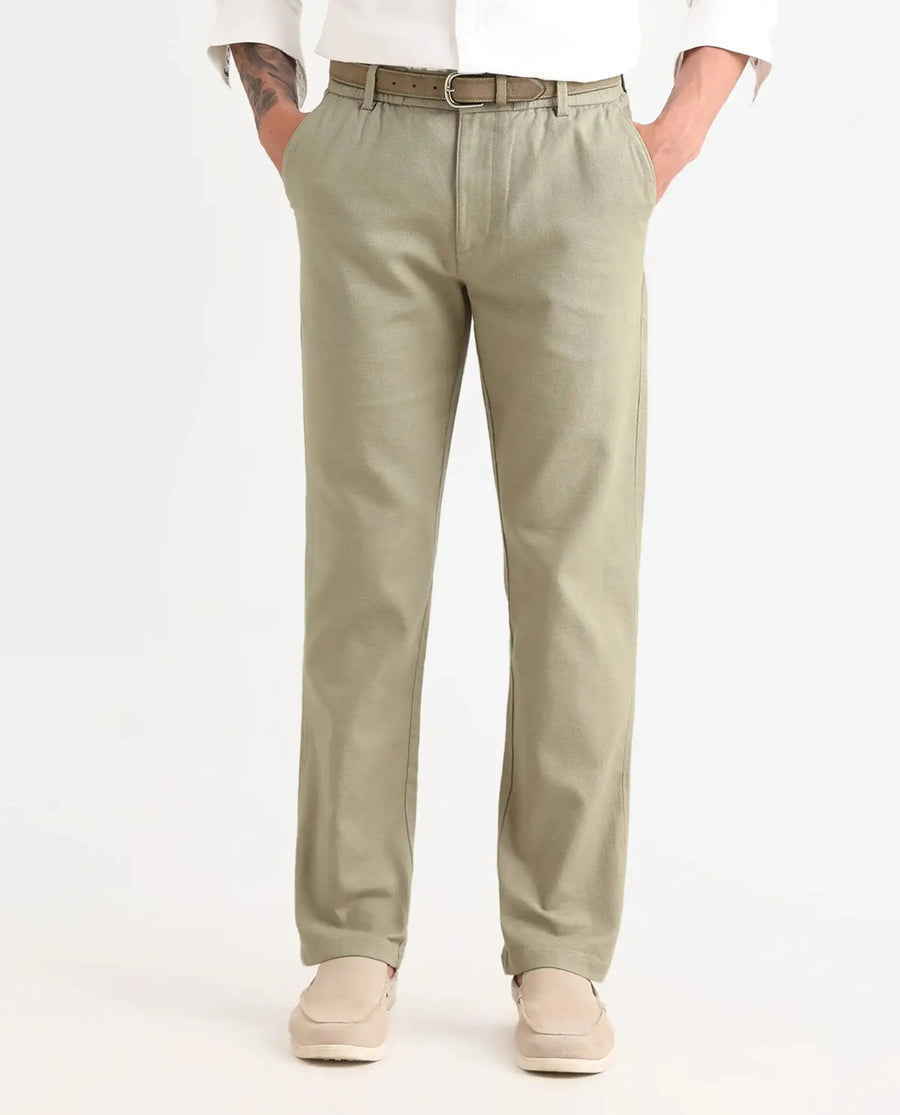 Rare Rabbit Men's Oros Light Olive Cotton Blend Fabric Regular Fit Plain Trouser