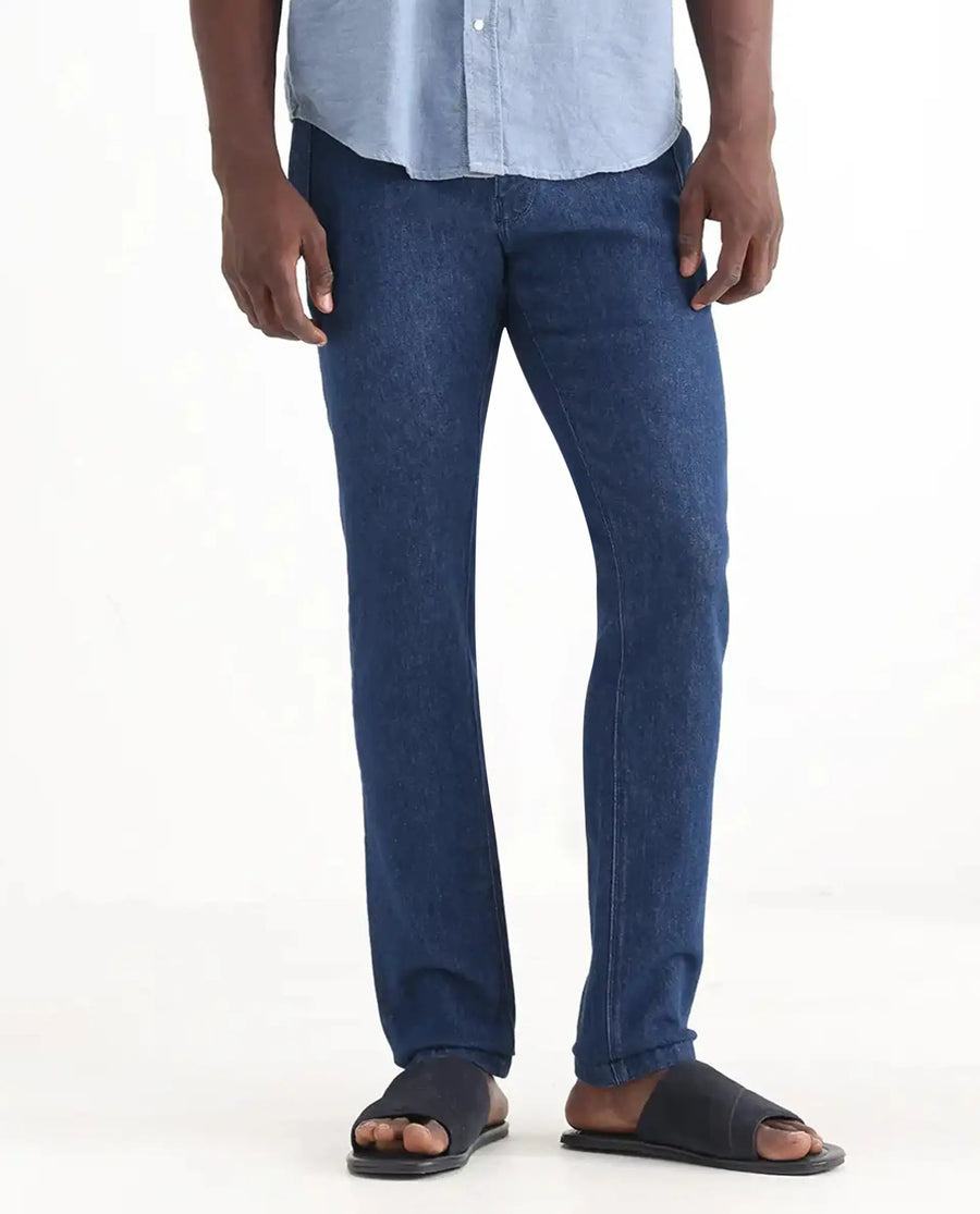 Rare Rabbit Men's Osmar Blue Cotton Plain Hawk Slim Fit Jeans
