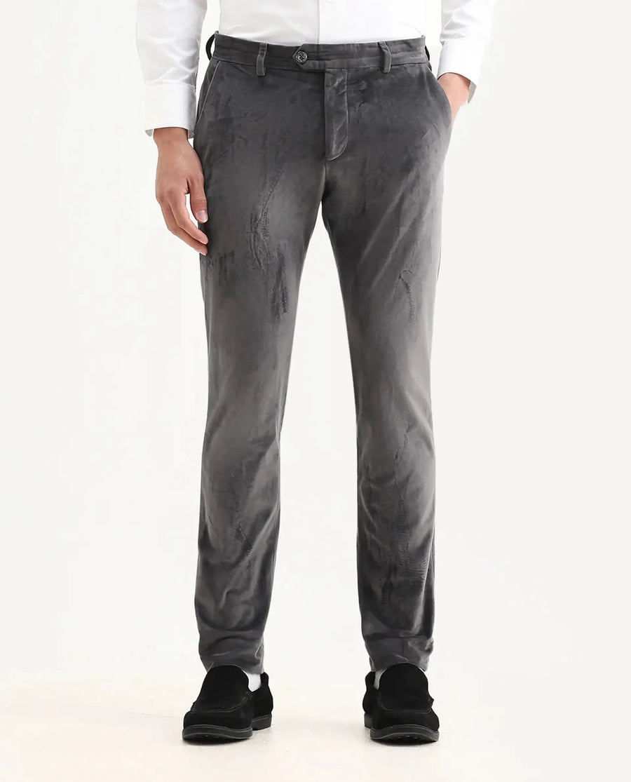 Rare Rabbit Men's Ozzy Grey Velvet Plain Slim Fit Trouser
