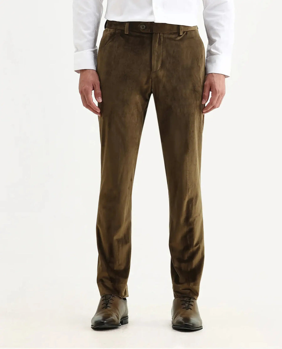 Rare Rabbit Men's Ozzy Olive Velvet Plain Slim Fit Trouser