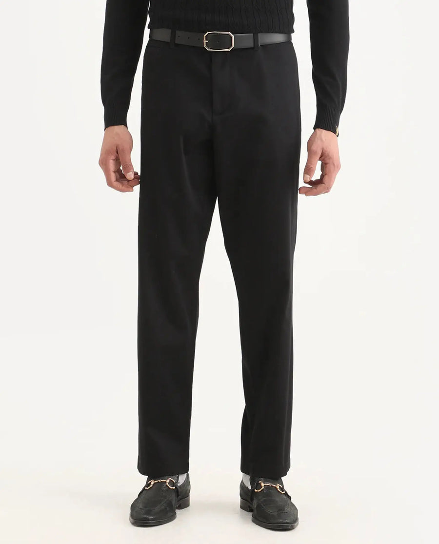 Rare Rabbit Men's Parga Black Cotton Blend Fabric Regular Fit Plain Trouser