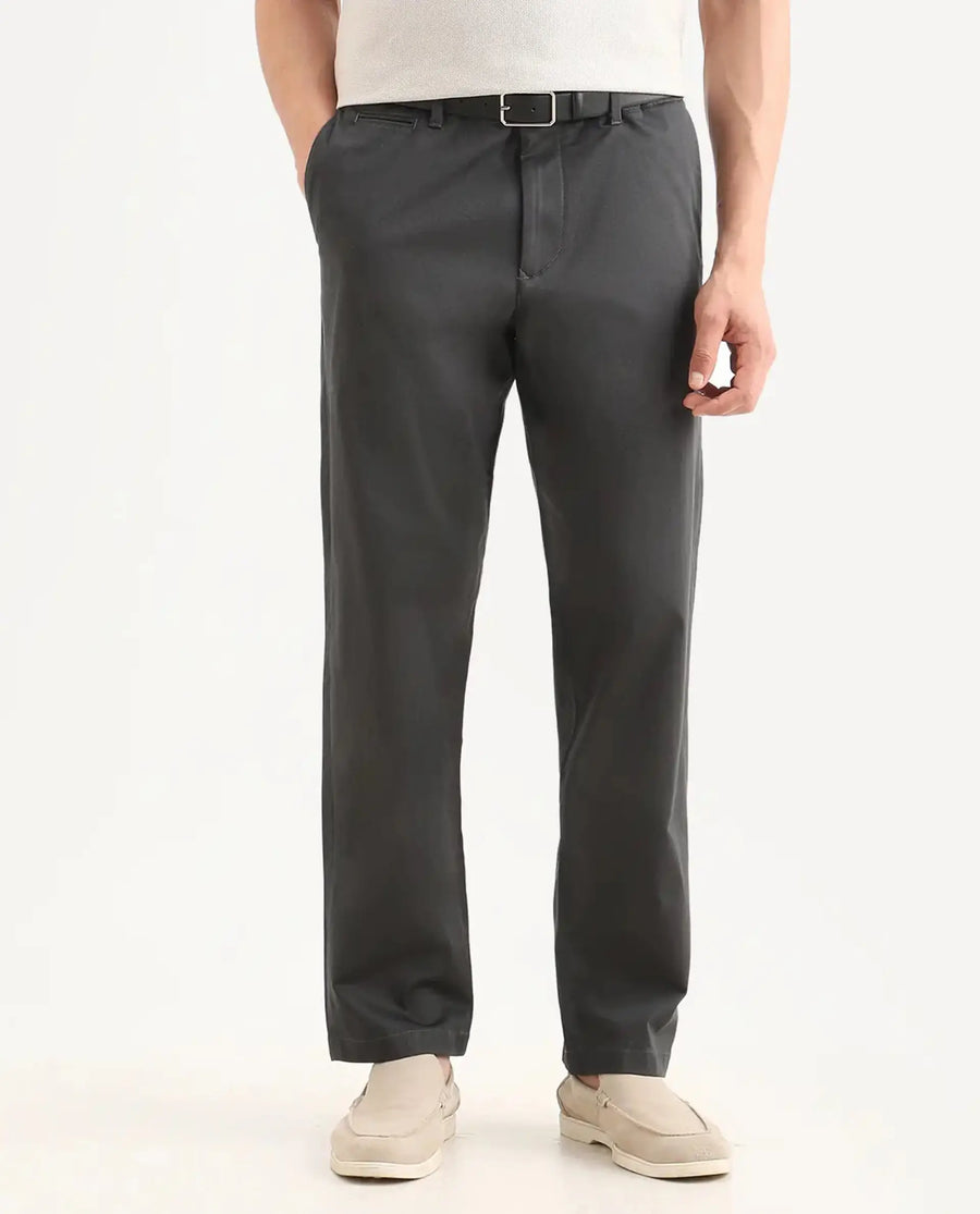 Rare Rabbit Men's Parga Dark Grey Cotton Blend Fabric Regular Fit Plain Trouser