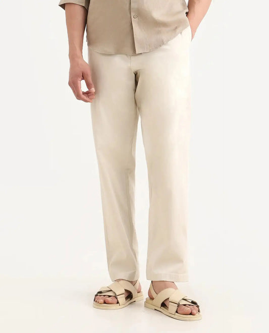 Rare Rabbit Men's Parga Light Beige Cotton Blend Fabric Regular Fit Plain Trouser