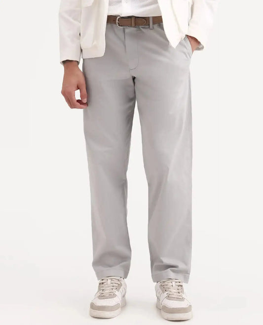 Rare Rabbit Men's Parga Light Grey Cotton Blend Fabric Regular Fit Plain Trouser