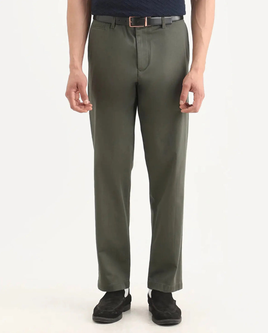 Rare Rabbit Men's Parga Olive Cotton Blend Fabric Regular Fit Plain Trouser