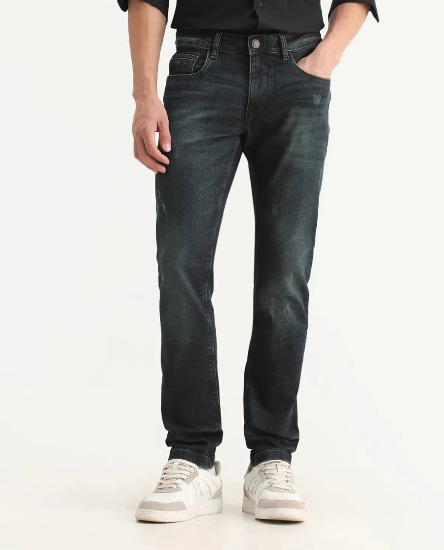 Rare Rabbit Men's Parle-1 Dark Blue Cotton Blend Fabric Hawk Slim Plain Jeans