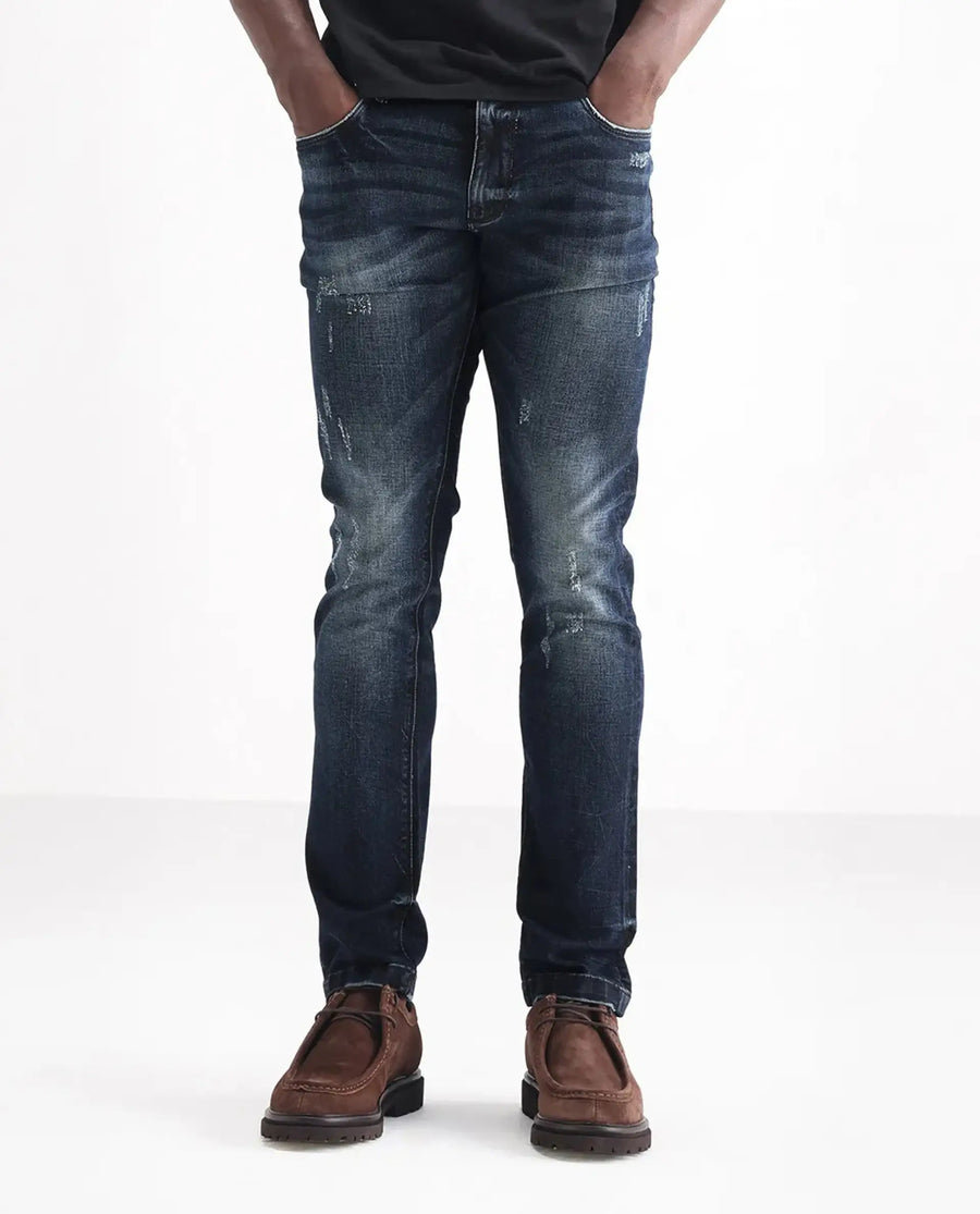 Rare Rabbit Men's Parle Navy Cotton Plain Hawk Slim Fit Jeans
