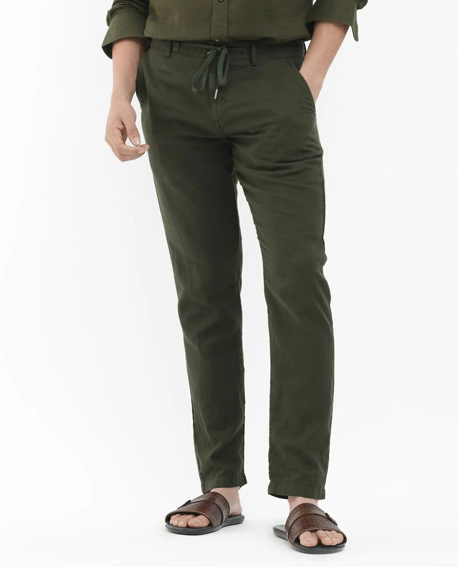 Rare Rabbit Men's Pastor 2 Olive Cotton Plain Regular Fit Trouser