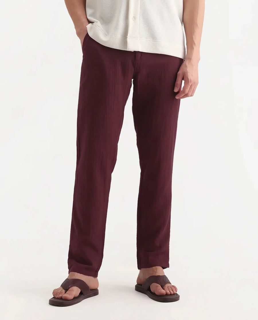 Rare Rabbit Men's Pastor-3 Dark Maroon Cotton Plain Regular Fit Trouser