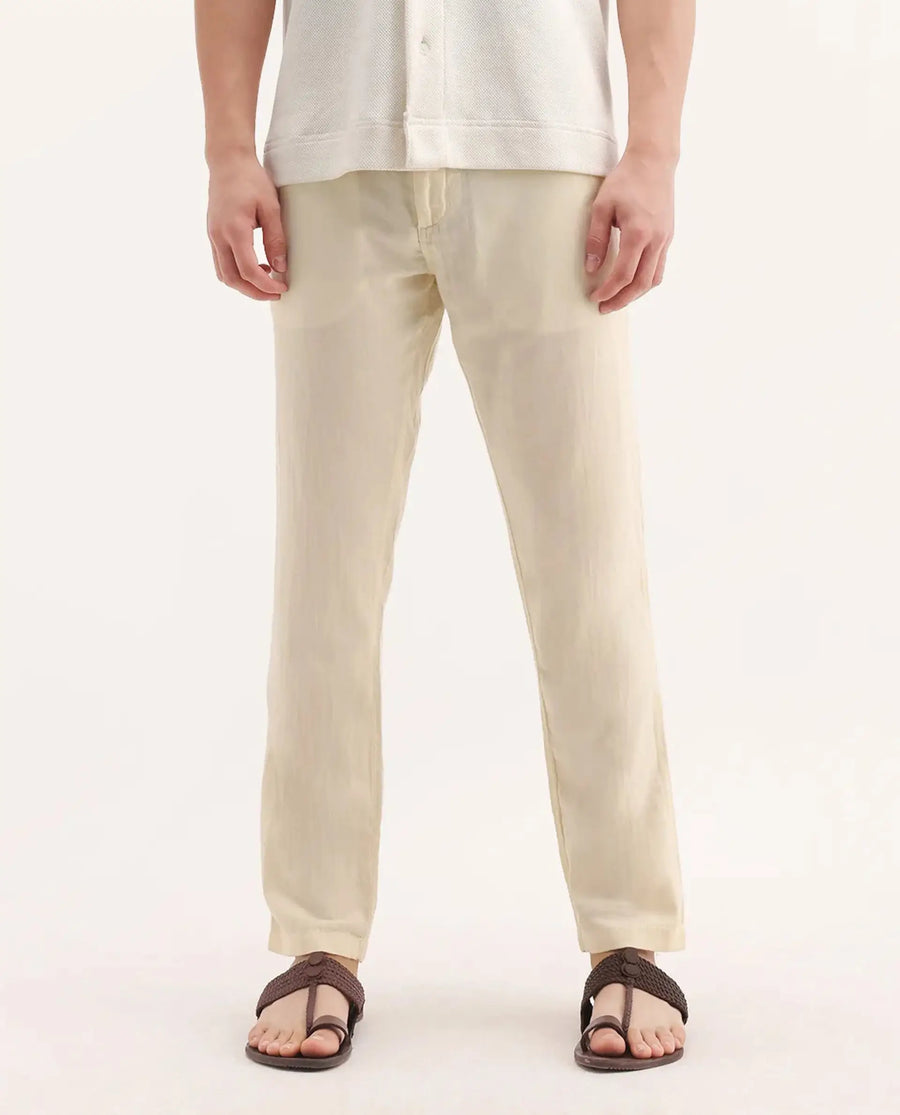 Rare Rabbit Men's Pastor-3 Off White Cotton Plain Regular Fit Trouser