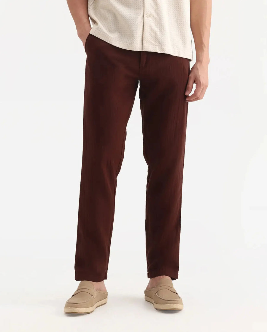 Rare Rabbit Men's Pastor-3 Rust Cotton Plain Regular Fit Trouser