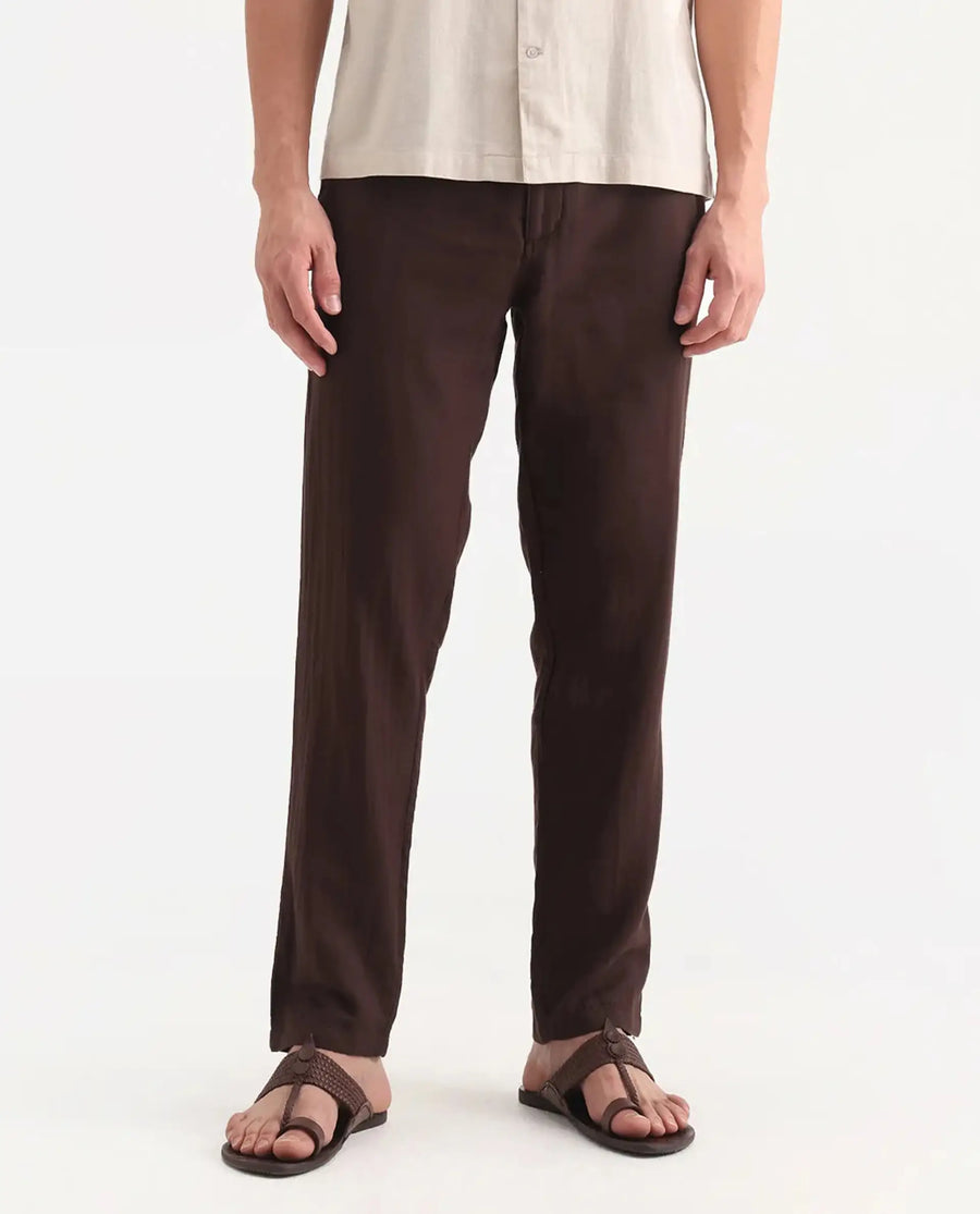 Rare Rabbit Men's Pastor-Aw25 Dark Brown Cotton Plain Regular Fit Trouser