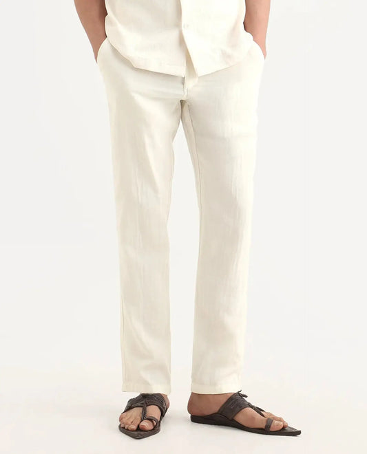 Rare Rabbit Men's Pastor-Ss26 Off White Cotton Fabric Regular Fit Drawstring Plain Trouser