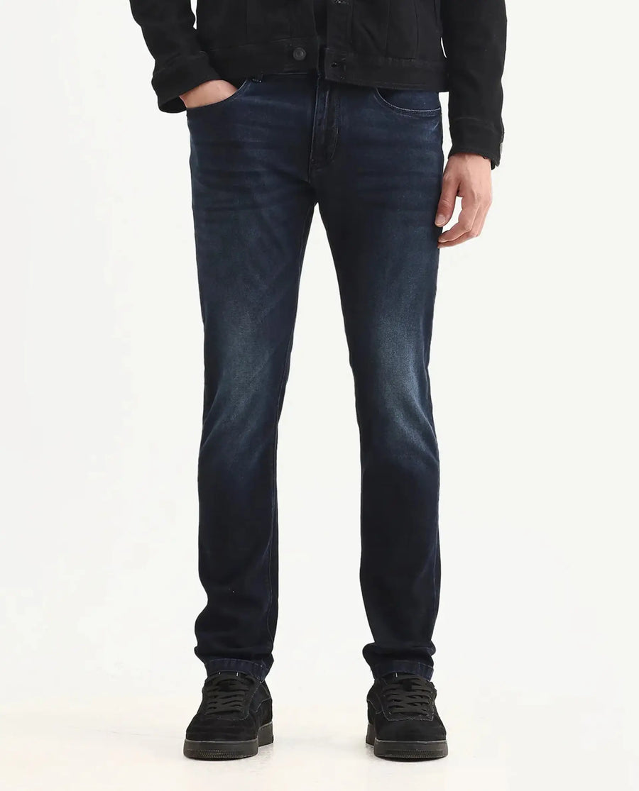 Rare Rabbit Men's Penelope Navy Cotton Plain Hawk Slim Fit Jeans