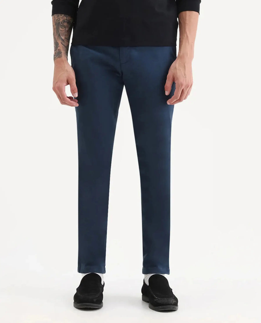 Rare Rabbit Men's Pesto Dark Blue Cotton Plain Regular Fit Trouser