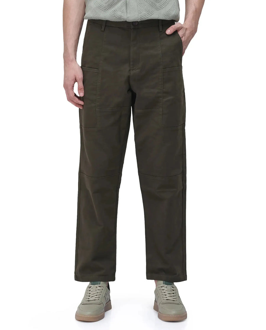 Rare Rabbit Men's Petro Dark Olive Cotton Plain Straight Fit Trouser